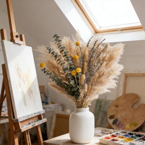 Spring Dried Flower Bouquet with Yellow Accent Flowers and Pampas Grass – Warm Neutral Floral Arrangement for Home, Wedding Tables and Events 17 Inch (Golden Spring) - color: Golden Spring
