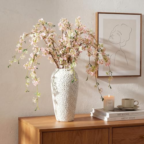 Zeyune 6 Pcs Artificial Cherry Blossom Branches with Green Leaves 40" Summer Evergreen Faux Stem Plastic Plant Stem Picks Sprigs for Tall Vase DIY, Modern Home Table Wedding Indoor Outdoor Decor - color: Pink, size: Blossom Style