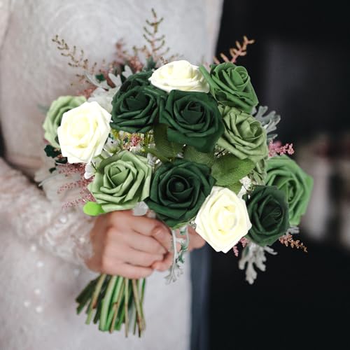 50 Pcs Artificial Foam Rose Flower Faux Bouquet Wedding Fake Rose Gift for Mother's Day Women DIY Bridal Shower Party Table Birthday Home Spring Decor (Gradient Green) - color: Gradient Green