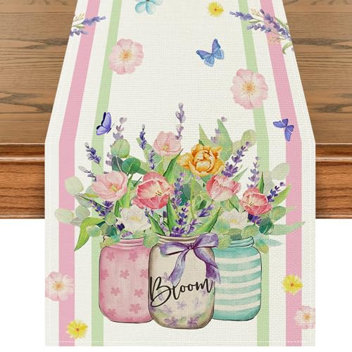72 x 13 Inch Spring Floral Table Runner – Spring Table Runner with Mason Jar Wildflower and Butterfly Pattern for Garden Parties, Kitchen, Mantel, Dining Table Décor, Spring Party Supplies - style: Victorian