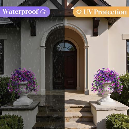 BlessedSeason 4 Pcs Artificial Hanging Flowers, UV Resistant Fake Flowers with Flexible Stems, Full Bundle Faux Flowers for Outdoor Planters, Zero Maintenance for Patio, Garden, Balcony, Double Purple - color: Double Purple, size: 4 PCS