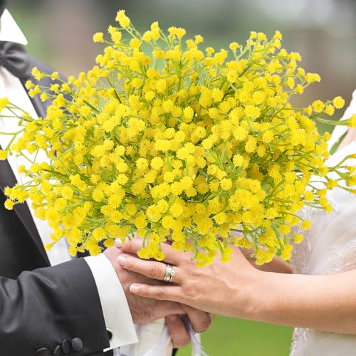 N&T NIETING Babys Breath Artificial Flowers Bulk, 24Pcs Fake Gypsophila Bouquet Flowers Real Touch Faux Babies Breath Arrangement for Wedding Floral Party Home Centerpieces Vase Decoration, Yellow - color: Yellow, size: 24pcs-Standard