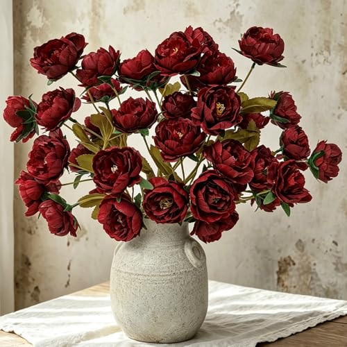 6 Pack 30" Artificial Peonies Flowers for Vase, Fake Silk Peony Long Stem Flowers for DIY Bouquets Wedding Centerpieces Home Decor (Red) - color: Red
