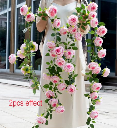 Bendable Artificial Flower Garland Rose Vine Hanging Floral Garland for Mantel Wall Trellis Fence Home Room Garden Wedding Arc Decor(Pink, 1pcs) - color: Pink, size: 1pcs