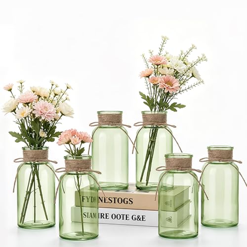 Glass Flower Vases for Centerpieces Boho Cylinder Bud Vases in Bulk Mason Jars for Weddings, Parties & Vintage Home Farmhouse (6, Green) - color: Green