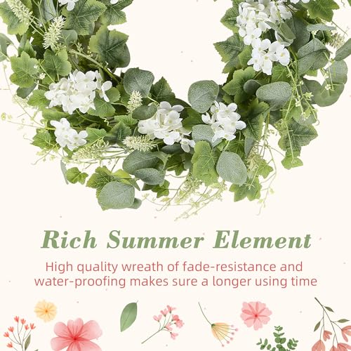 YNYLCHMX 20" Spring Summer Wreaths for Front Door, Artificial Wreath with White Flowers Grapevines Green Eucalyptus Leaves, Green Foliage Wreath for Wall Window Farmhouse Party Holiday Home Decor - color: Grapevines