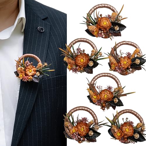 Terracotta Boutonniere for Men,Prom boutonnieres,Artificial Flowers for Fall Wedding Decor,Groom and Groomsmen Boutonniere, Formal Dinner Party and Grad Night (Set of 6) - color: Terracotta Wreath, size: set of 6