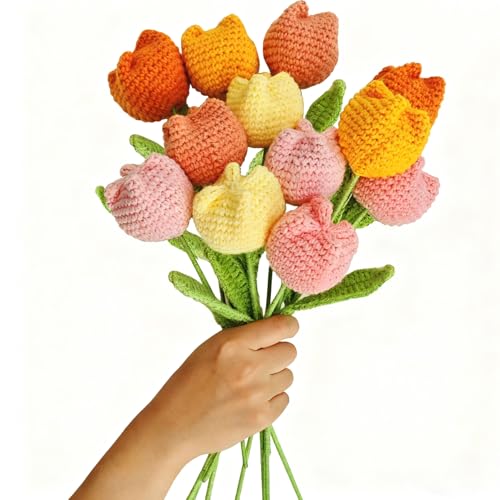 12Pcs Handmade Crochet Tulip Bouquet, Completed Knitted Yarn Artificial Tulips, Charming Knitted Flower Bouquet for Valentine's Day Mother's Day Birthday Anniversary