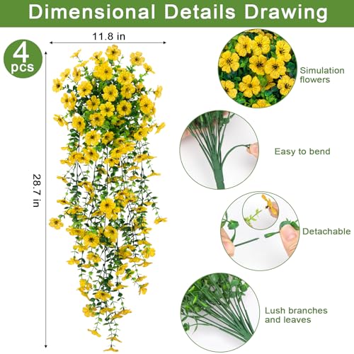 4 Pcs Artificial Hanging Flowers for Outdoor, Fake Silk Daisy Flowers Spring Summer Decoration UV Resistant Faux Plants for Planter Front Door Porch Patio Balcony Yard Decor, Yellow - color: Yellow