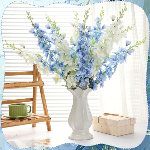 10 Pcs Delphinium Artificial Flowers for Decoration, 33.86 Inch Long Stem Larkspur Fake Flowers Light Blue Faux Silk Bouquets for Tall Vase Wedding Home Decor Floral Arrangements(White+Blue) - color: White+light Blue, size: 33.86 inch