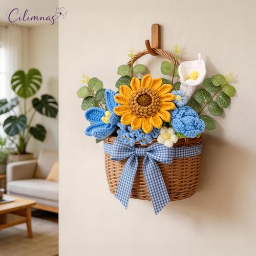Crochet Flower Bouquet,Blue Knitted Flowers, Handmade Sunflowers Tulips Roses Bouquet for Valentine Day Birthday Anniversary Party Mother's Day Graduation Gifts(with Card) - color: Blue
