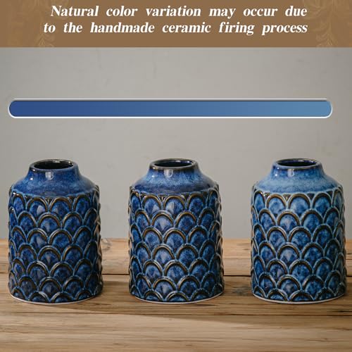 Ceramic Flower Vase, 7.28” Vintage Blue Pottery Vase for Home Decor, Rustic Textured Vase for Pampas Grass, Living Room, Entryway, Mantel, Kitchen Table, Centerpiece - color: 203-blue