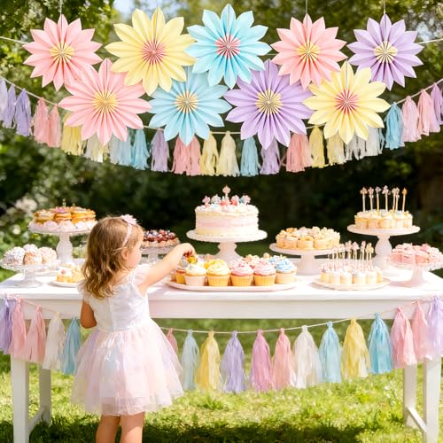 PAPER JAZZ Sunflower Party Decorations Pastel Paper Fans Party Decor Summer Beige Spring Decoration, Blue Pink Hanging Purple Flower Garland Sunflower Wall Decorations for Tea,Garden,Fairy Party. - color: Colorful