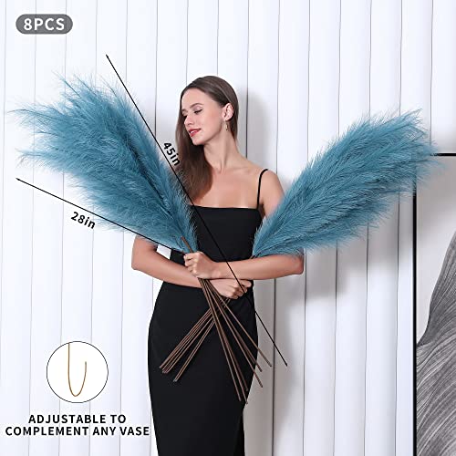 8 Pcs 45 inch Tall Faux Pampas Grass Decor, Large Artificial Blue Pompous Grass Bulk, Long Fake Pompas for Floor Vase Filler, Wedding, Baby Shower, Home and Boho Decor (Blue) - color: Blue