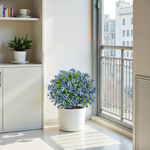 24" Artificial Potted Plants Outdoor Set of 2, UV Resistant Faux Blue Daisy Mums Flowers with Eucalyptus, Decorative Plants in Pots for Front Porch, Patio & Entryway - color: Blue, size: 24in Daisy Eucalyptus
