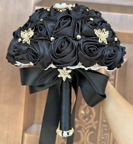 Sharebeauty 8.3" Handmade Satin Rose Bridal Bouquet Toss Round Wedding Bouquet Throw Toss Artificial Flower Bunch Black - color: 809a Black, size: 8.3"/21cm