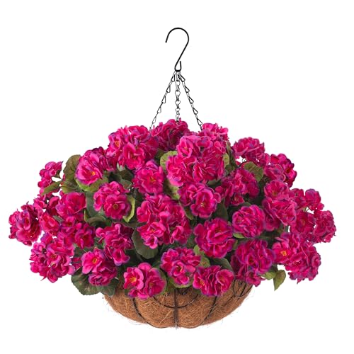 INSPRING Geraniums Artificial Flowers Hanging Basket for Outdoors Outside Spring Decoration, 8 Bundles Silk Flowers Fake Plants Look Real UV Resistant for Porch Home Patio Balcony Yard, Fuchsia - color: Fuchsia