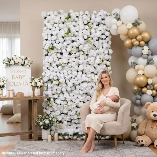 rosemorning 4x8FT White Artificial Flower Wall Backdrop,5D Silk Flower Wall Panel for Wedding Party Birthday Baby Shower Photo Booth Decor Easy to Install Reusable - color: Linen-white, size: 4Ft*8Ft