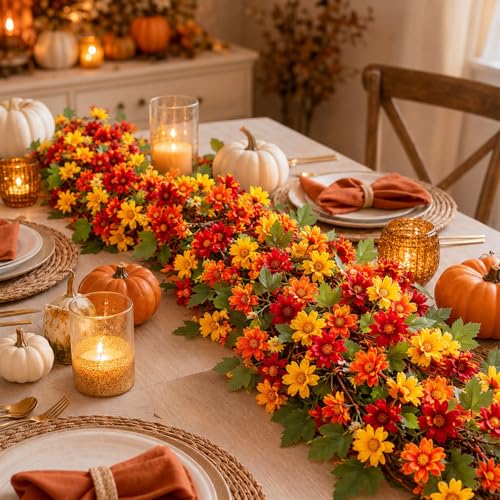 6 ft Fall Artificial Flower Garland for Mantle Autumn Fake Orange Wildflower Floral Sunflower Garland Hanging Vines for Thanksgiving Wedding Arch Table Ceremony Home Party - style: Flower