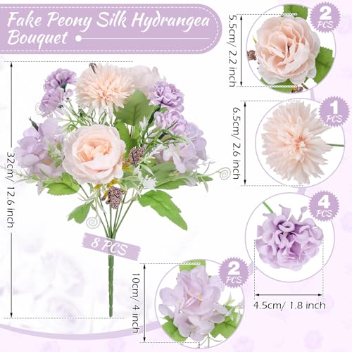 Lyrow 8 Pcs Peony Artificial Flowers Fake Silk Hydrangea Bouquet Elegant Peony Flowers for Wedding Decoration Faux Realistic Floral for Home Party Table Centerpieces Arrangement (Pink,Purple) - color: Pink, Purple