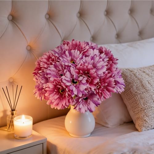 16Pcs Hot Pink & Purple Artificial Flowers Gerbera Daisy Bulk,Lifelike Faux Daisy for Wedding Bouquet Table Centerpiece Home Decor - color: Fuchsia