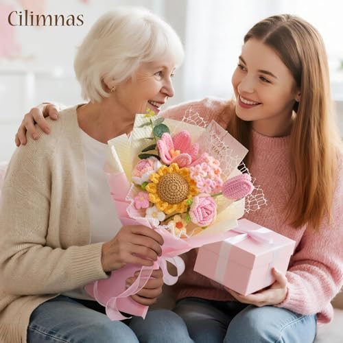 Crochet Flower Bouquet,Pink Knitted Flowers, Handmade Sunflowers Tulips Roses Bouquet for Birthday Anniversary Party Mother's Day Graduation Gifts - color: Pink