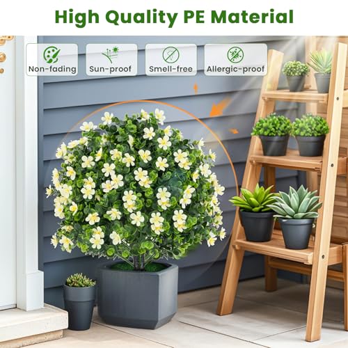 Goplus 21.5'' Artificial Boxwood Topiary Ball Tree, Set of 2 Faux Potted Plants Artificial Shrubs Bushes with White Flowers, Fake Evergreen Artificial Topiary for Indoor Outdoor Home Front Porch Decor - color: White