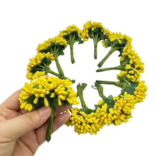 Yellow Artificial Mini Flower Stamen Pistil and Soft Stem, 20mm Tiny Berry | 144pcs Mini Flower Stamens,Pistils for Make Bridal Hair Clips,Cake Top, Wrist Corsage Boutonniere,Candle Rings Wreath Flower - color: Yellow