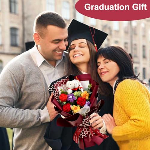Graduation Gifts Crochet Flowers Bouquet, Handmade Sunflower Rose Bear Graduations Flower Bouquet for Birthday, Teacher Appreciation Gifts, Christmas, Home Décor (Include Card) Red - color: Red