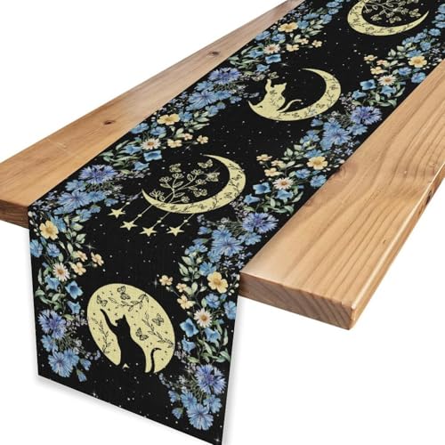 Boho Floral Table Runner, Spring Gothic Moon Phase Wildflower Mystical Witchy Farmhouse Coffee Table Center Decor for Home Kitchen Dining Patio Holiday Party Table Decorations 13x36 inches - color: Tr-moon07, size: 13x36" Table Runner