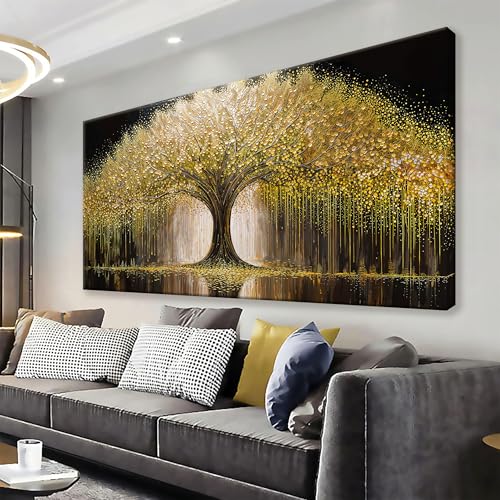 Golden Tree Of Life Wall Art Decor Prints Ready To Hang Room Wall Decor Modern Wall Art For Living Room Kitchen Office Canvas Prints Bedroom Decor 24x48 Inch - color: Yellow Gold, size: 48"L x 24"W