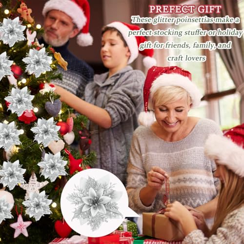 16Pcs Silver Poinsettia Flowers Artificial Christmas Flowers Decorations with Clips, Glitter Poinsettia Christmas Decorations for Xmas Tree Ornaments Winter Party Wreath Decor - size: 16PC Silver Poinsettia