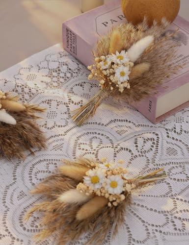xin's convey Mini Dried Flower Bouquet Set of 6, Small Pampas Grass, Bohemian Wedding Table Centrepieces, Bridesmaid Flower Girl Proposal Boxes, Birthday Cake, Party Plate Decorations (Brown) - color: Brown
