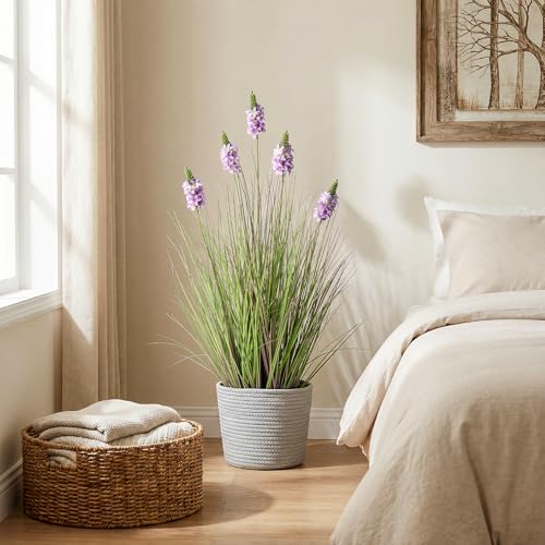 Artificial Plants Indoor Tall Grass Plants with Lilac Flower 35.4In Tall Artificial Ornamental Grass Green Onions Outdoor Fake Plants with Black Pot Home Office Decorative (1 Pack,Purple) - color: 0.9m Purple1