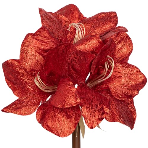 Briful Amaryllis Artificial Christmas Flower Stems, 19.7" Red Glitter Faux Amaryllis with Detachable Heads for Xmas Home Party Wedding Bouquet Vase Arrangement Decor - color: Red