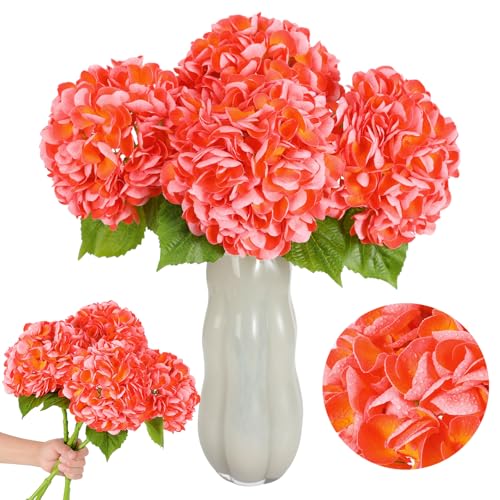 Nubry 4Pcs Orange Hydrangea Artificial Flowers, 22.5In Latex Faux Real Touch Large Hydrangea Flowers with Long Stems & Leaves for Home Office Decor Wedding Party Arrangements(Orange) - color: Orange, size: 4 Pcs