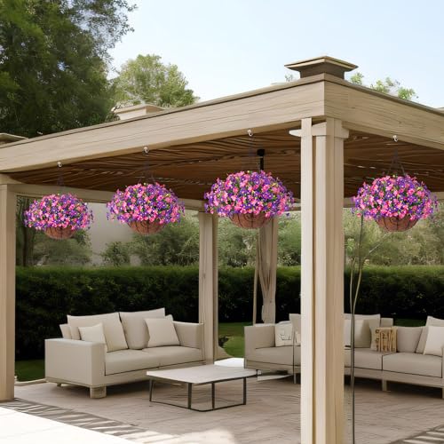 Ammyoo Artificial Hanging Flowers Basket for Patio Garden Porch Deck Spring Summer Decor, Artificial Daisy Arrangement,Fake Plants in 12 inch Coconut Lining Outdoor/Indoor(Pinkish Purple) - color: Pinkish Purple