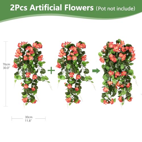 INQCMY Artificial Hanging Flowers Fake Plants for Outdoor Spring Decoration, 2Pcs Realistic Faux Flowers Silk Begonia UV Resistant No Fade for Home Garden Porch Patio Yard Basket(Orange) - color: Orange