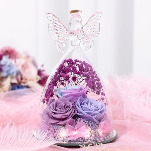 Mothers Day Rose Gifts for Women Preserved Real Flower in Glass Angel Figurines Roses for Delivery Prime Birthday Gifts for Mom Grandma Girlfriend Wife Her, Multi Purple - color: Multi Purple