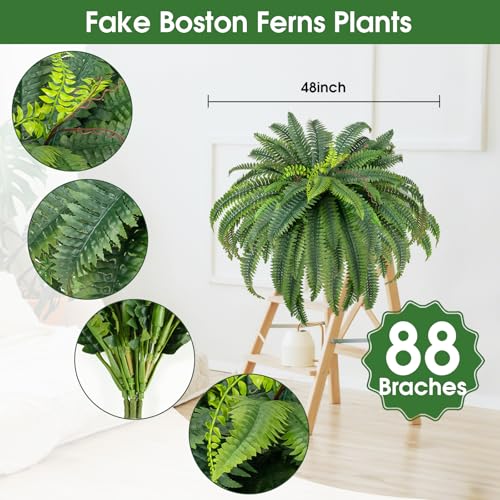 CQURE 48" Large Fake Fern Artificial Ferns for Outdoors,Set of 2 88 Fronds Realistic Artificial Boston Ferns Bush Plant for Indoor Outdoor Garden Porch Decor (Lifelike,UV Resistant,No Maintenance) - size: 48" 88 Leaves-2pc