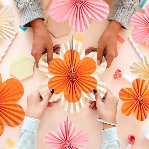 Paper Flowers Decorations for Wall Pink and Orange Paper Fans Classroom Decoration Paper Floral Backdrop Decor Paper Fans Decoration Hanging Paper Fans Pink Flower Wall Decor, Set of 9 - color: Flower-4