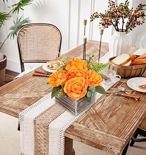 DILATATA Artificial Flower Arrangement, 8'' Orange Roses Peonies Hydrangeas in Wooden Planter, Rustic Fake Flowers in Pot for Home Decor Living Room - 1PC - color: 8"h Vibrant Orange