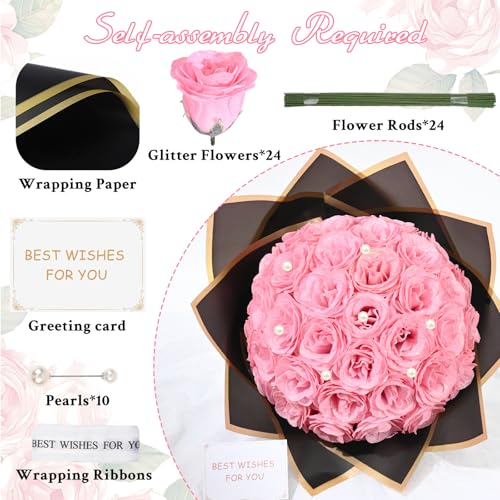 Waipfaru Pink Glitter Roses Bouquet, DIY Fake Flowers Bouquet, Artificial Rose Bouquet for Valentines, Anniversary, Engagement, Wedding, 24 Roses - color: Pink, size: 24pcs
