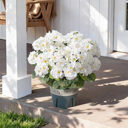 Geraniums Artificial Flowers for Outdoors, 2 Pack Potted Plants White Faux Geraniums Bush Artificial Topiaries Realistic UV Resistant Fake Flowers Plants for Planters Outside Gardens Front Door Indoor - color: White