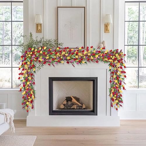 6ft Spring Summer Flower Garland, Artificial Floral Vine for Wall Backdrop Mantle Fireplace Stair Table Wedding Arch, All Season Home Door Porch Decor (Yellow+Red) - color: Yellow+red