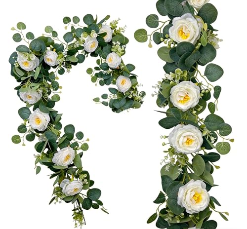 Greenery Garland with White Roses 2Pack: 5.9Ft Artificial Vines Hanging Eucalyptus Leaves for Wedding Arch Swag Backdrop Doorways Table Runner - size: 2pack-Rose