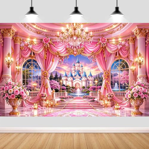 6X4ft Pink Princess Castle Backdrop Floral Curtain Chandelier Palace Photography Background Fairy Tale Wonderland for Girls Birthday Baby Shower Party Photo Booth Wall Decor Banner - color: Multi12, size: 6X4FT