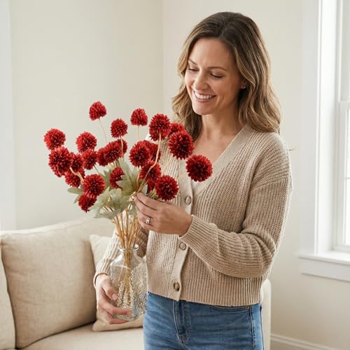 Mandy's 6 Stems Silk Red Kiku Ball Flowers | Artificial Chrysanthemum Stems for Home Summer Décor Realistic Faux Floral Arrangement Minimalist Elegant Style - color: Red