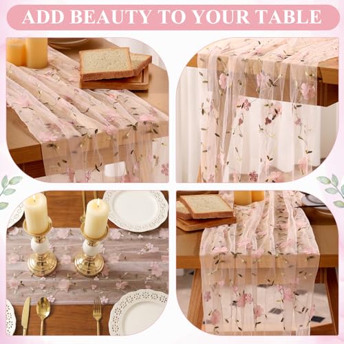 4 Pack Embroidery Floral Table Runner Rustic Spring Summer Wildflower Tulle Table Runner Vintage Flower Kitchen Dining Tabletop Runners Decoration for Home Wedding Party, 108x24.5 Inch (Pink) - color: Pink-4, size: 108*24.5 inch