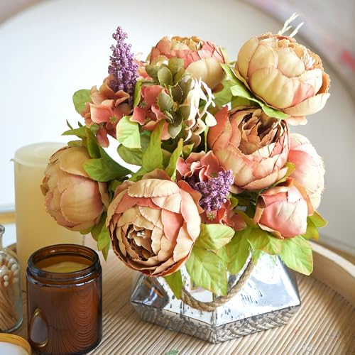 FiveSeasonStuff Tawny Brown Artificial Peony Bouquets, 2 Silk Flower Bundles with Hydrangea Accents for Wedding Centerpieces & Home Decor - color: Tawny Brown